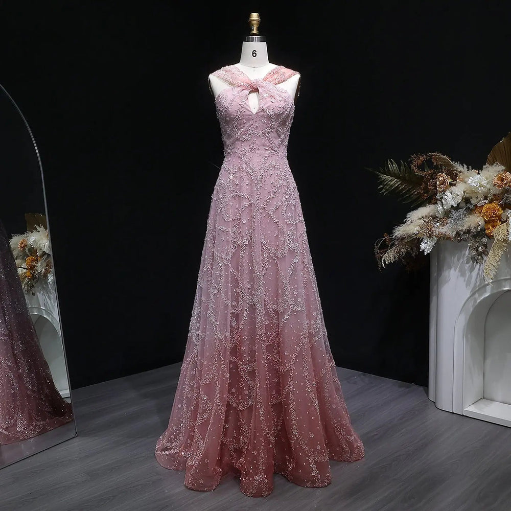 Elegant Gradient Pink Beaded Sequin Halter Prom Dress SS709-DreamyVow