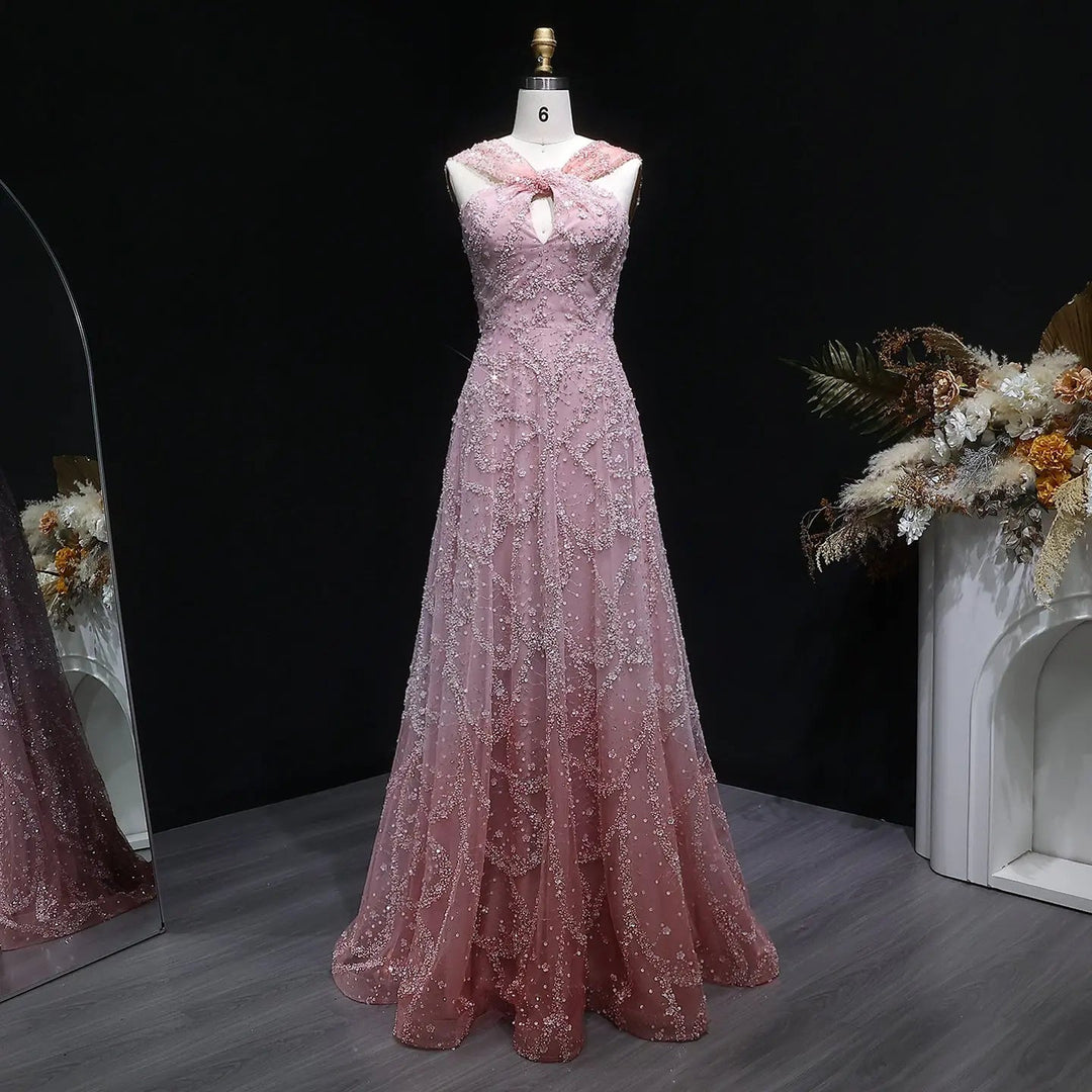 Elegant Gradient Pink Beaded Sequin Halter Prom Dress SS709-DreamyVow