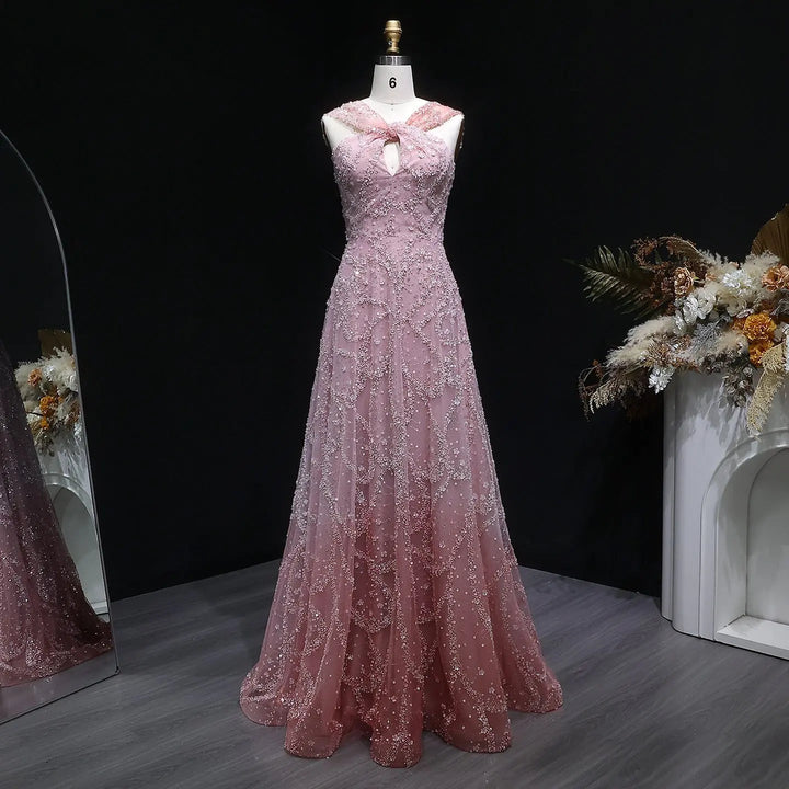 Elegant Gradient Pink Beaded Sequin Halter Prom Dress SS709-DreamyVow