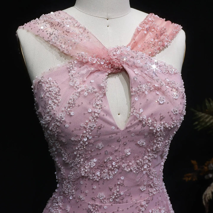 Elegant Gradient Pink Beaded Sequin Halter Prom Dress SS709-DreamyVow