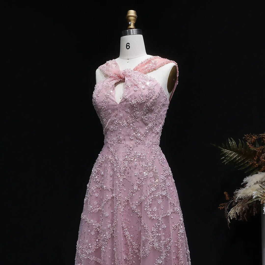 Elegant Gradient Pink Beaded Sequin Halter Prom Dress SS709-DreamyVow