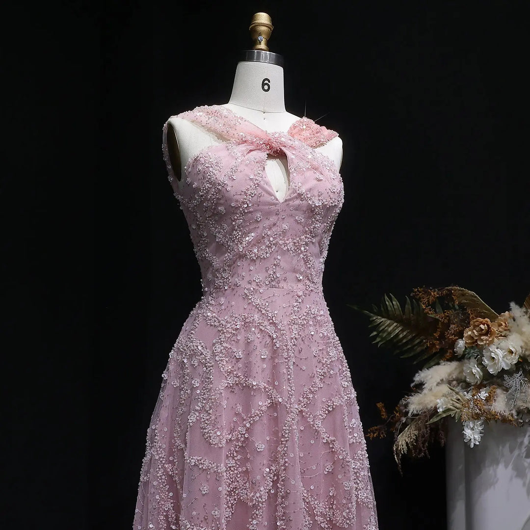 Elegant Gradient Pink Beaded Sequin Halter Prom Dress SS709-DreamyVow