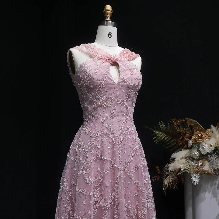Elegant Gradient Pink Beaded Sequin Halter Prom Dress SS709-DreamyVow