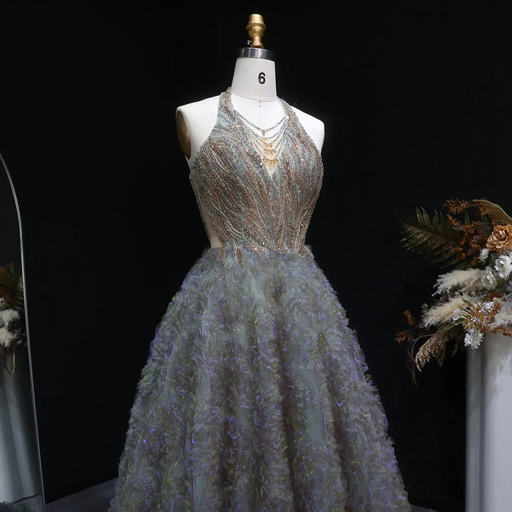 Elegant Gray Green Gradient Halter Prom Dress with Voluminous SS735-DreamyVow