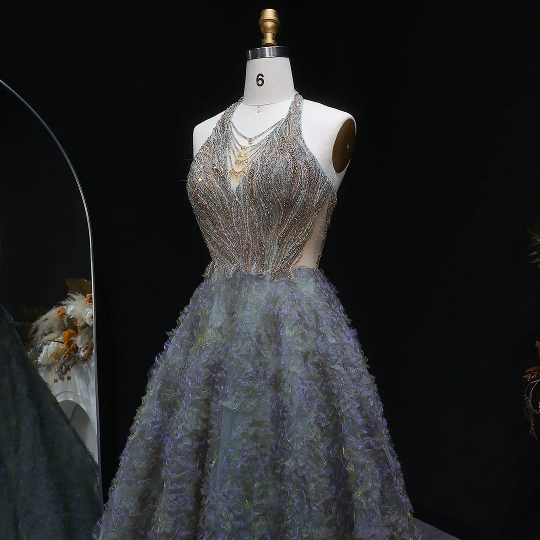 Elegant Gray Green Gradient Halter Prom Dress with Voluminous SS735-DreamyVow