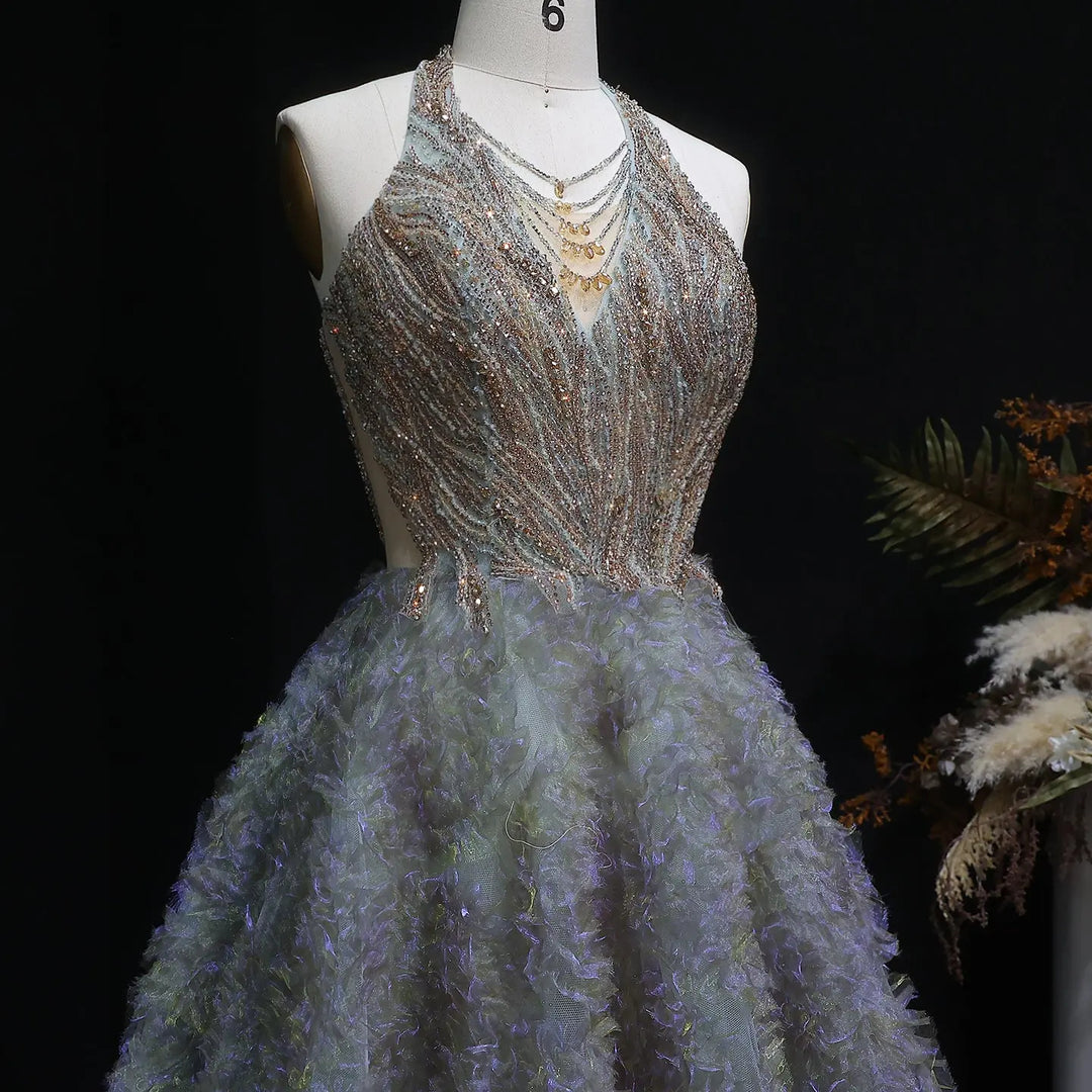 Elegant Gray Green Gradient Halter Prom Dress with Voluminous SS735-DreamyVow