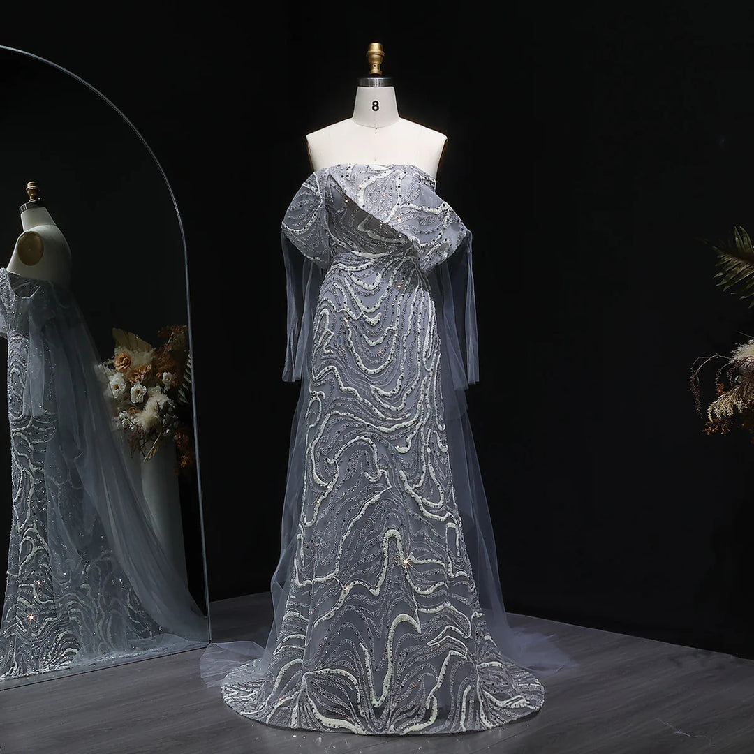 Elegant Gray Sequin Evening Dress with Flowing Cape Sleeves SS078-DreamyVow