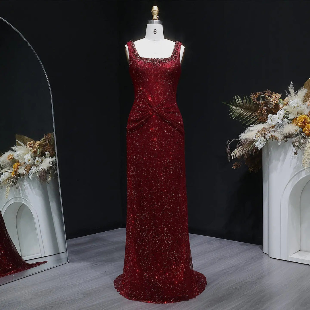 Elegant Green Beaded Sequin Evening Dress with Square Neck SS655-DreamyVow