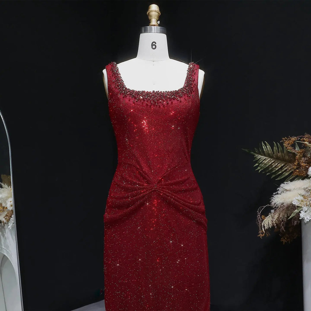 Elegant Green Beaded Sequin Evening Dress with Square Neck SS655-DreamyVow
