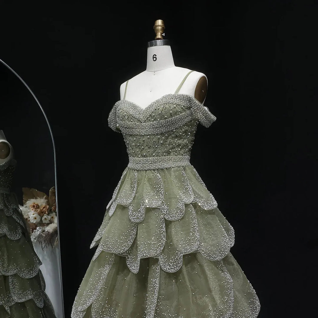 Elegant Green Layered Ruffle Evening Dress SS385-DreamyVow