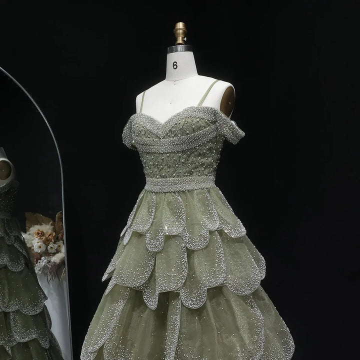 Elegant Green Layered Ruffle Evening Dress SS385-DreamyVow