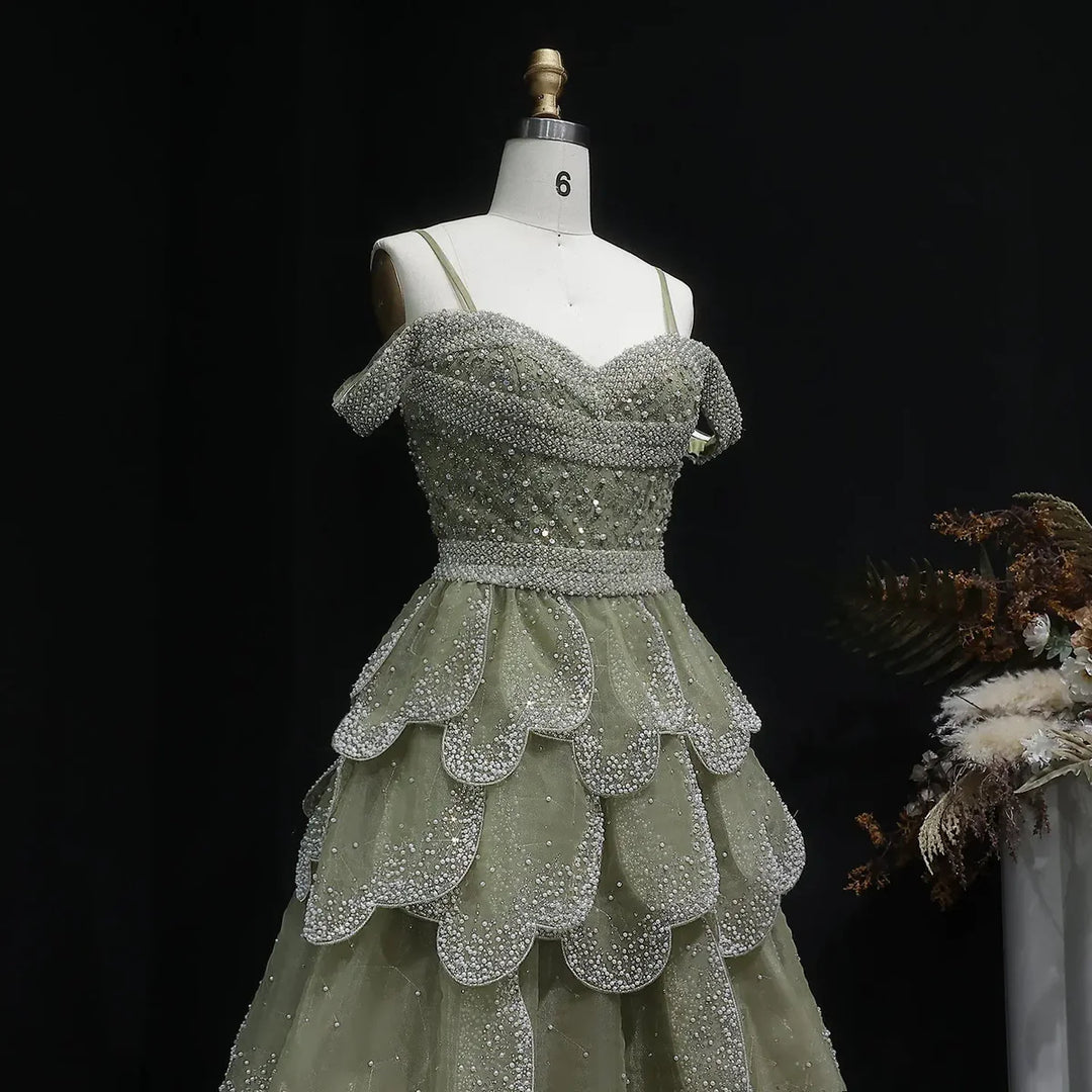 Elegant Green Layered Ruffle Evening Dress SS385 Green / 18
