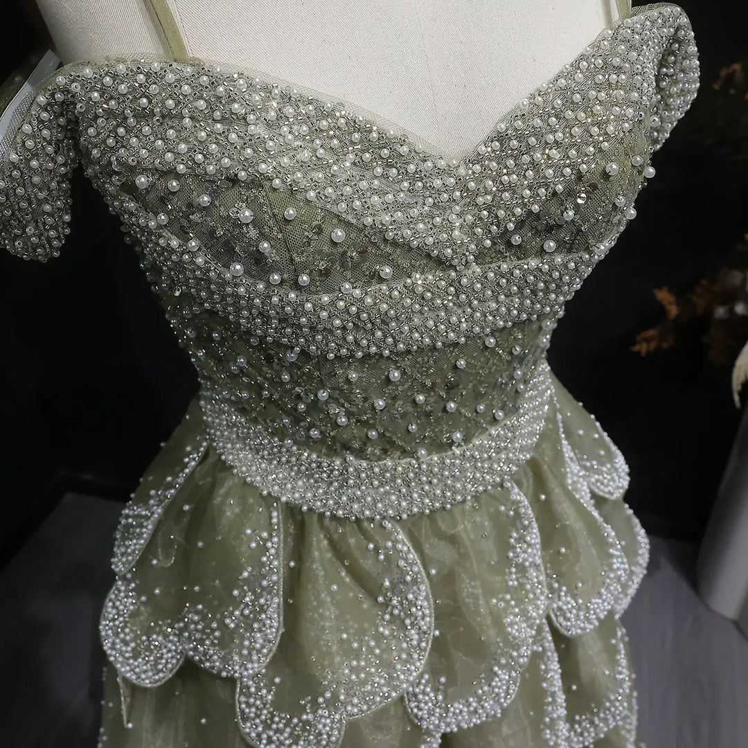 Elegant Green Layered Ruffle Evening Dress SS385-DreamyVow