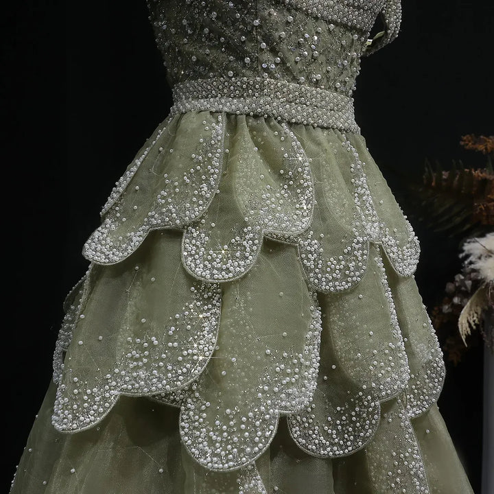Elegant Green Layered Ruffle Evening Dress SS385-DreamyVow
