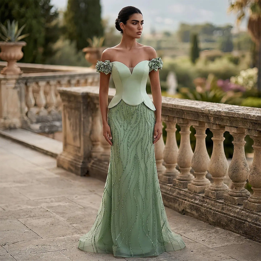 Elegant Green Off Shoulder Evening Dress with Beaded Sequin SS640 DreamyVow Elegant Green Off Shoulder Evening Dress with Beaded Sequin SS640 DreamyVow