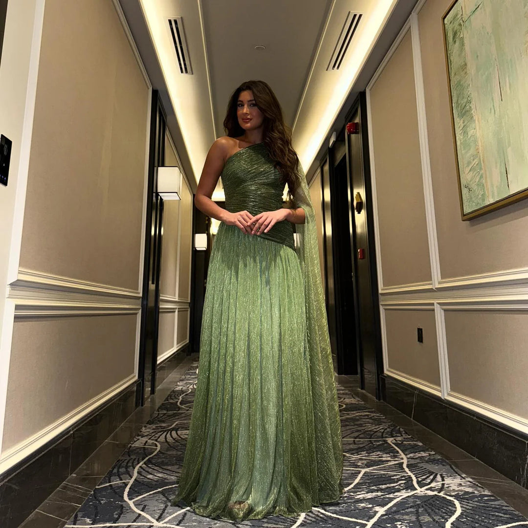 Elegant Green One Shoulder A-Line Evening Dress SF406