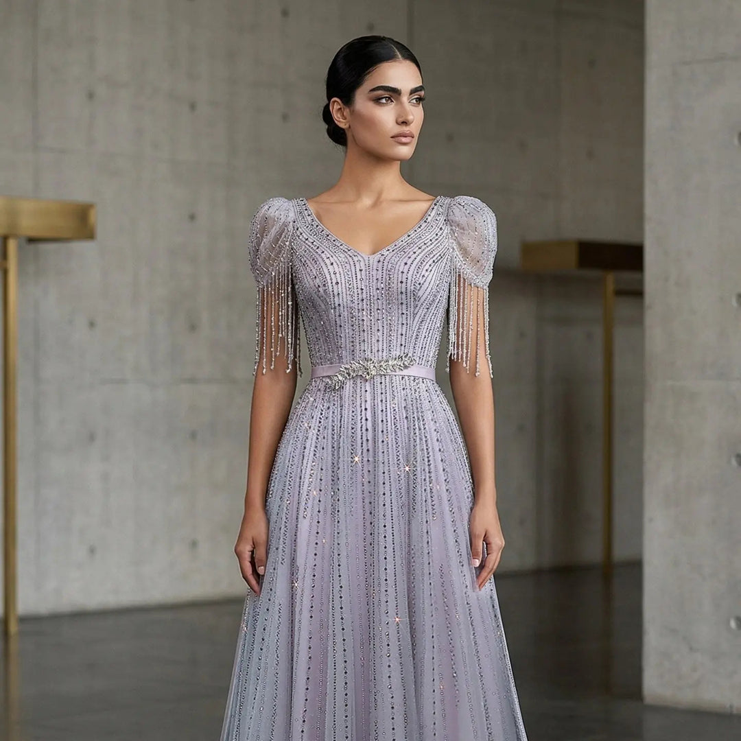Elegant Lavender Sparkly Tulle Evening Dress with Beaded Tassel Sleeves SS199-DreamyVow