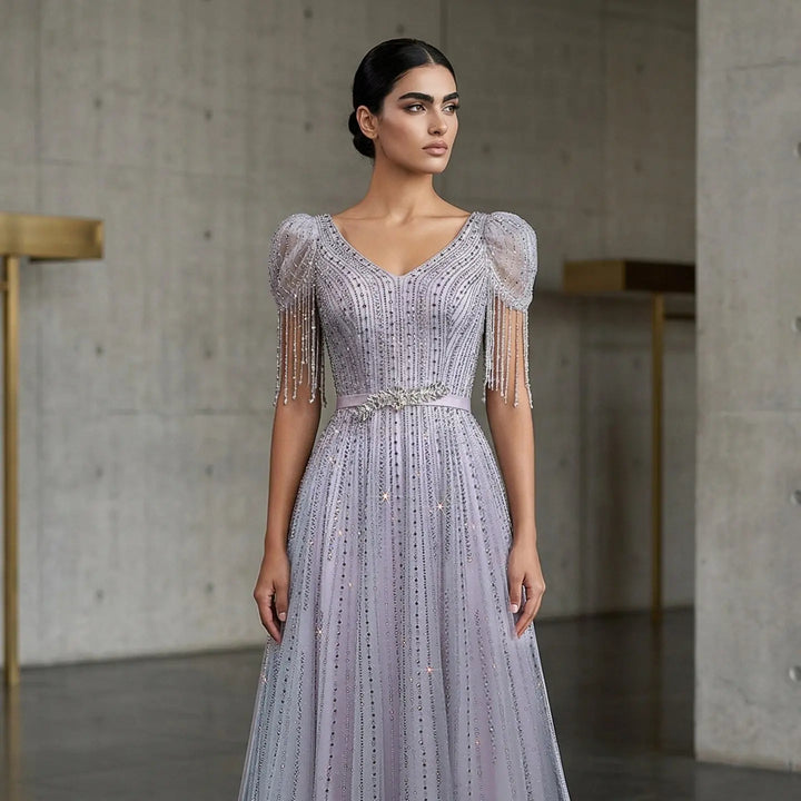 Elegant Lavender Sparkly Tulle Evening Dress with Beaded Tassel Sleeves SS199-DreamyVow
