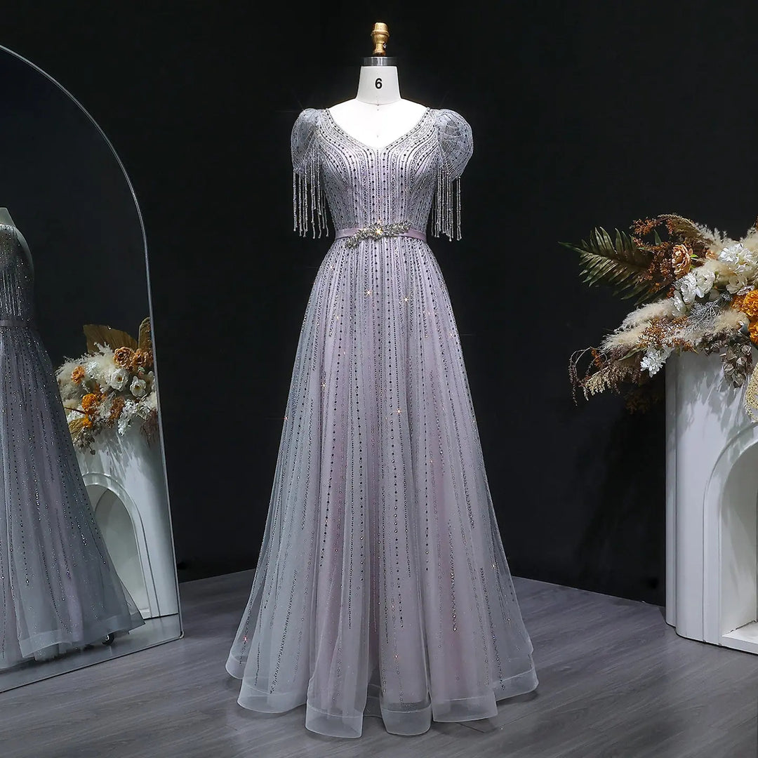 Elegant Lavender Sparkly Tulle Evening Dress with Beaded Tassel Sleeves SS199-DreamyVow