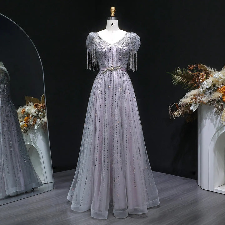 Elegant Lavender Sparkly Tulle Evening Dress with Beaded Tassel Sleeves SS199-DreamyVow
