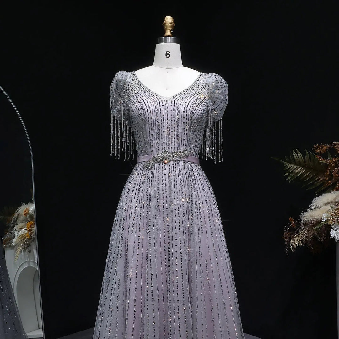 Elegant Lavender Sparkly Tulle Evening Dress with Beaded Tassel Sleeves SS199-DreamyVow