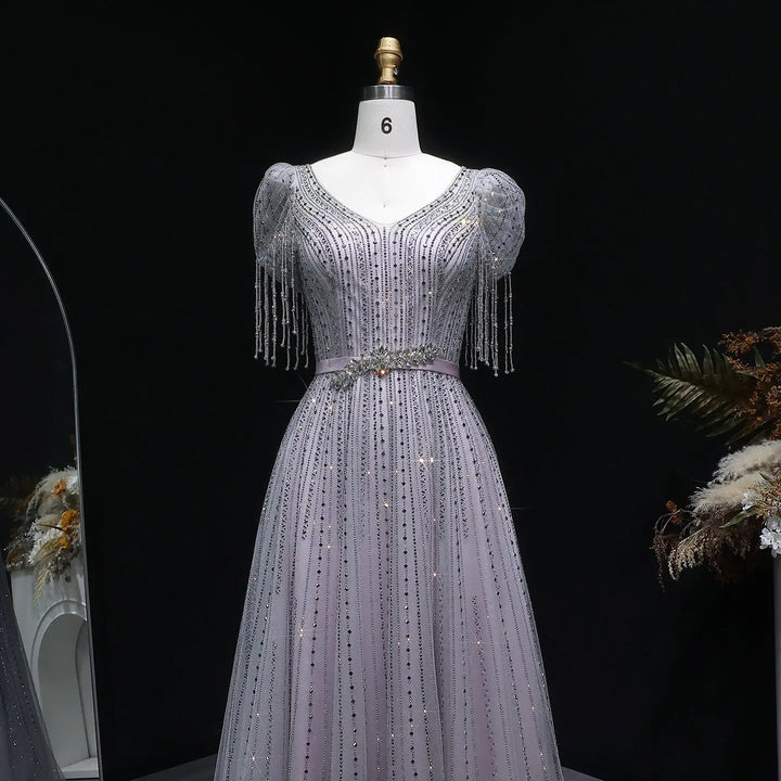 Elegant Lavender Sparkly Tulle Evening Dress with Beaded Tassel Sleeves SS199-DreamyVow