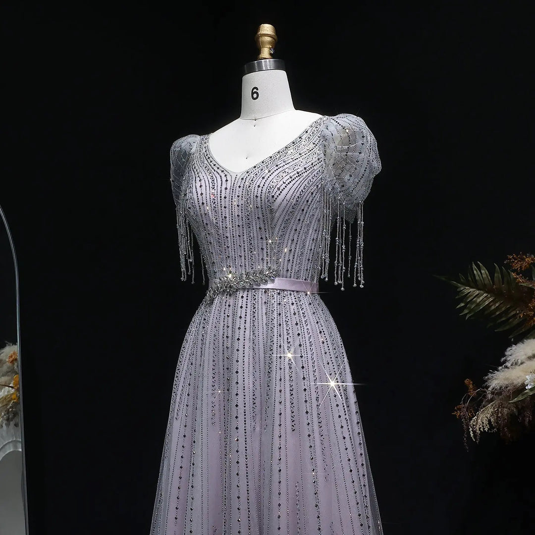 Elegant Lavender Sparkly Tulle Evening Dress with Beaded Tassel Sleeves SS199-DreamyVow