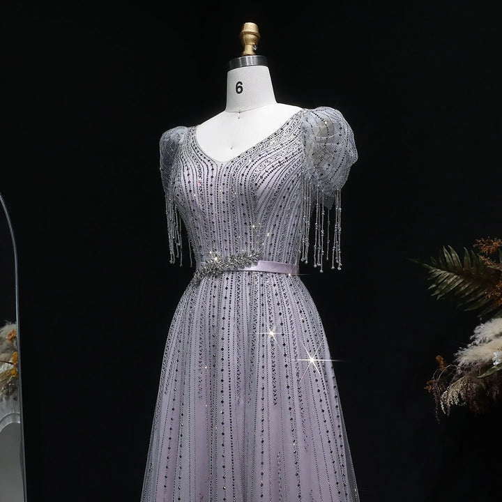 Elegant Lavender Sparkly Tulle Evening Dress with Beaded Tassel Sleeves SS199-DreamyVow