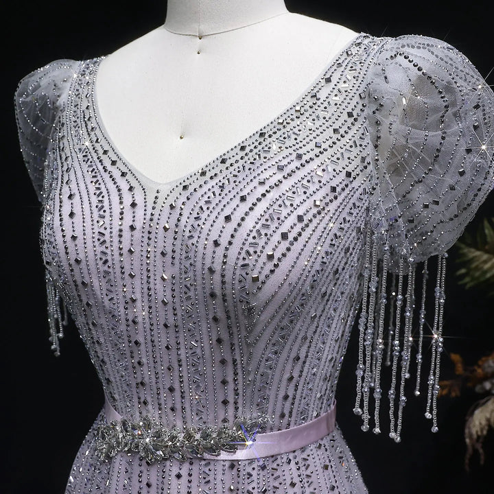 Elegant Lavender Sparkly Tulle Evening Dress with Beaded Tassel Sleeves SS199-DreamyVow