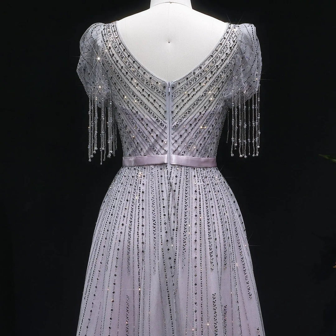 Elegant Lavender Sparkly Tulle Evening Dress with Beaded Tassel Sleeves SS199-DreamyVow