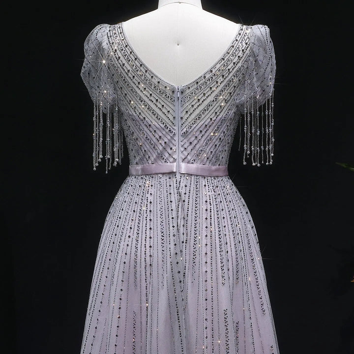 Elegant Lavender Sparkly Tulle Evening Dress with Beaded Tassel Sleeves SS199-DreamyVow