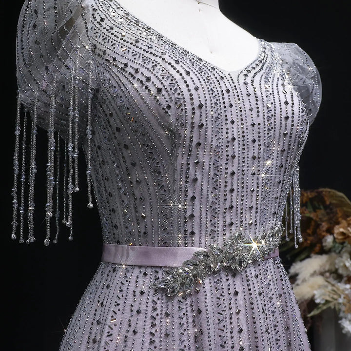 Elegant Lavender Sparkly Tulle Evening Dress with Beaded Tassel Sleeves SS199-DreamyVow