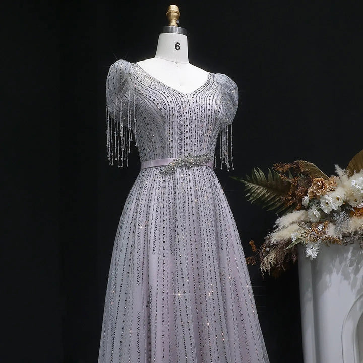 Elegant Lavender Sparkly Tulle Evening Dress with Beaded Tassel Sleeves SS199-DreamyVow