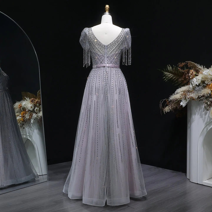Elegant Lavender Sparkly Tulle Evening Dress with Beaded Tassel Sleeves SS199-DreamyVow