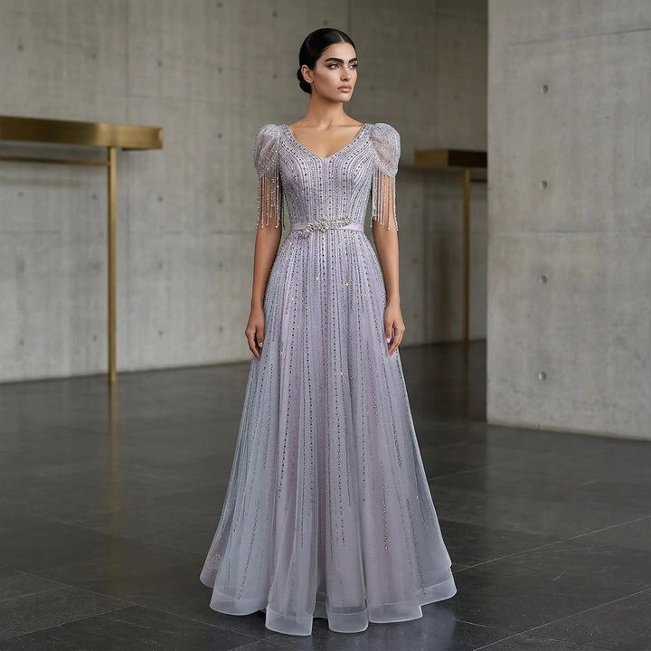 Elegant Lavender Sparkly Tulle Evening Dress with Beaded Tassel Sleeves SS199