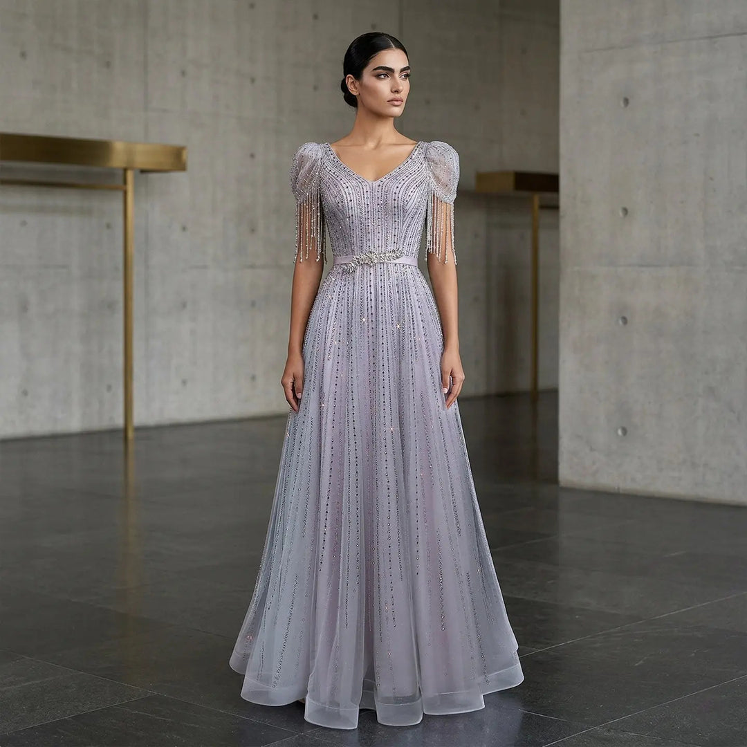 Elegant Lavender Sparkly Tulle Evening Dress with Beaded Tassel Sleeves SS199-DreamyVow