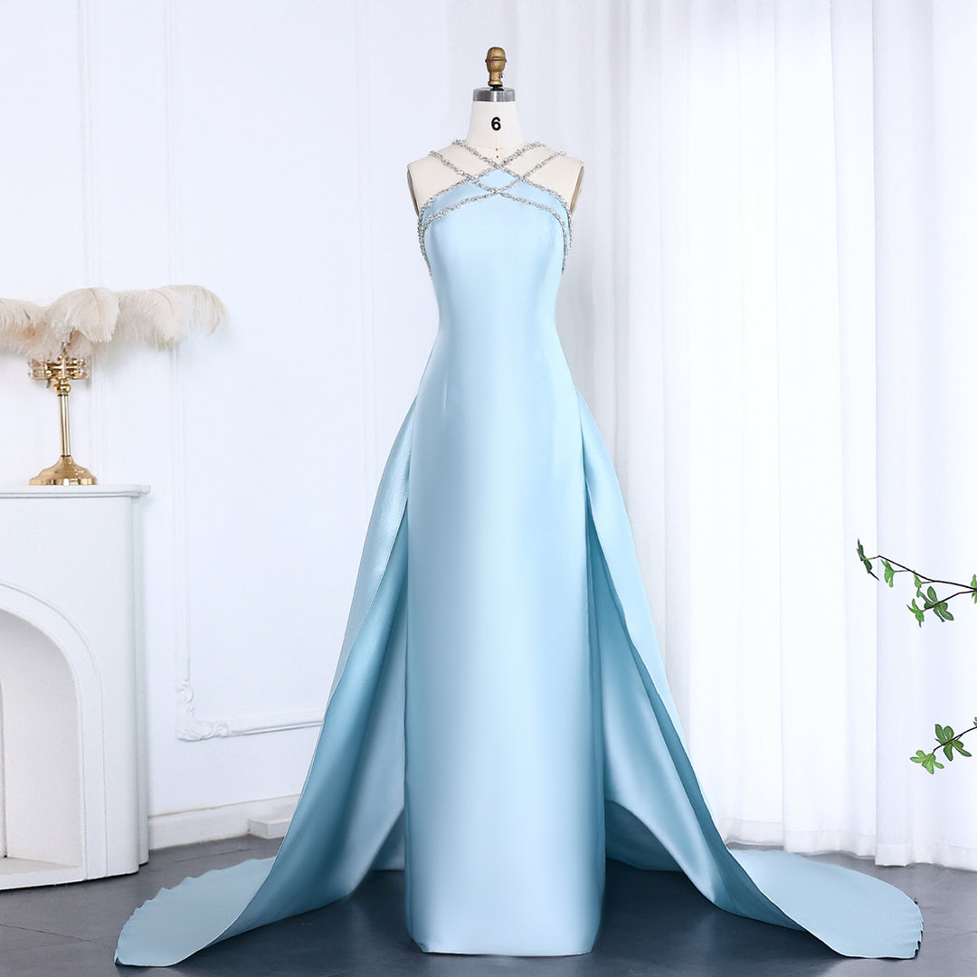 Elegant Light Blue Satin Arabic Evening Dress with Overskirt SF048