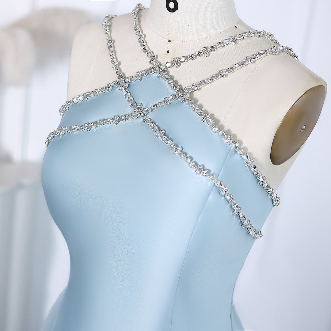 Elegant Light Blue Satin Arabic Evening Dress with Overskirt SF048