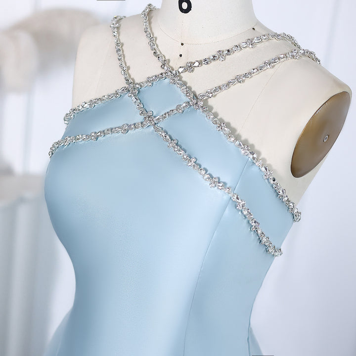 Elegant Light Blue Satin Arabic Evening Dress with Overskirt SF048
