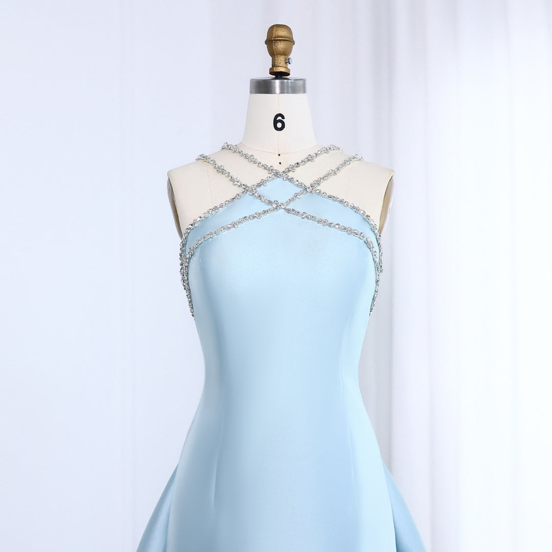 Elegant Light Blue Satin Arabic Evening Dress with Overskirt SF048 DreamyVow Elegant Light Blue Satin Arabic Evening Dress with Overskirt SF048 DreamyVow