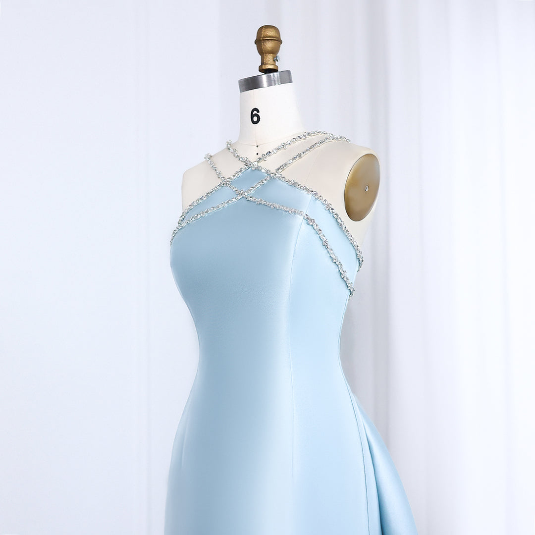 Elegant Light Blue Satin Arabic Evening Dress With Overskirt SF048 Light Blue / 14 Elegant Light Blue Satin Arabic Evening Dress With Overskirt SF048 Light Blue / 14