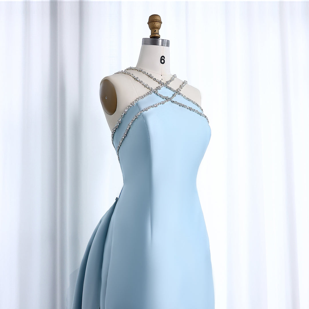 Elegant Light Blue Satin Arabic Evening Dress with Overskirt SF048