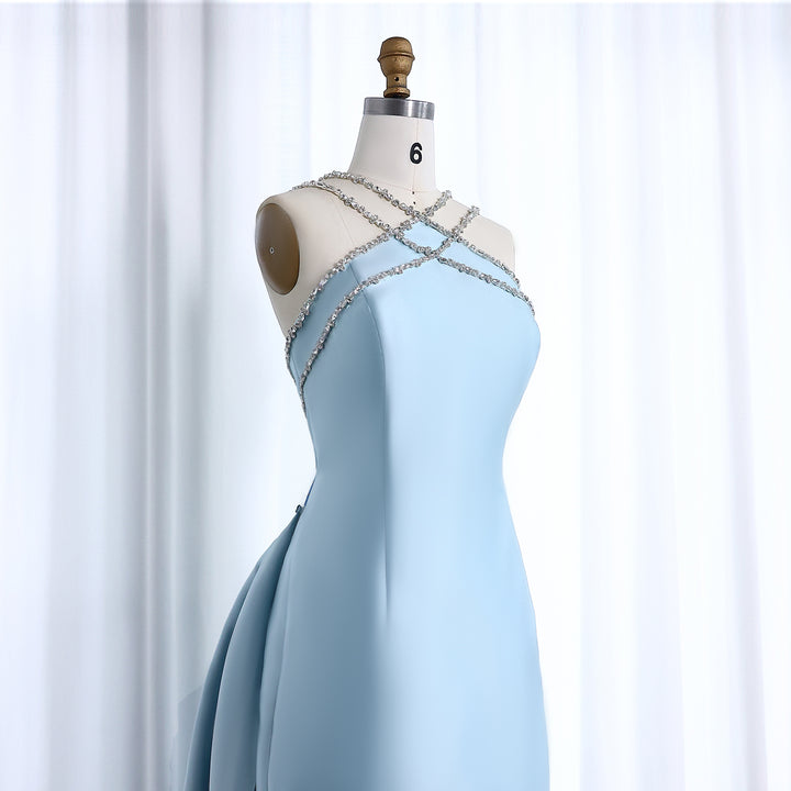 Elegant Light Blue Satin Arabic Evening Dress with Overskirt SF048