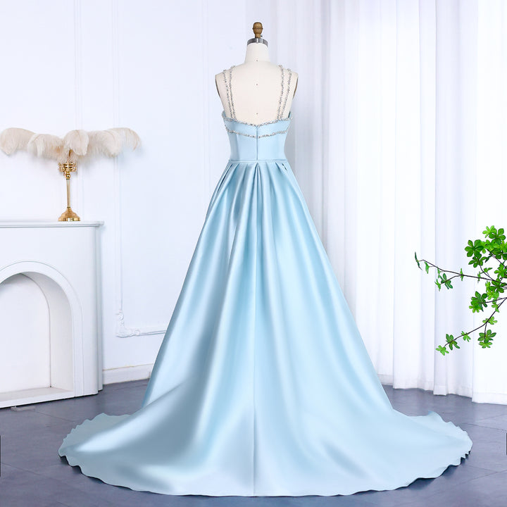 Elegant Light Blue Satin Arabic Evening Dress with Overskirt SF048 DreamyVow Elegant Light Blue Satin Arabic Evening Dress with Overskirt SF048 DreamyVow