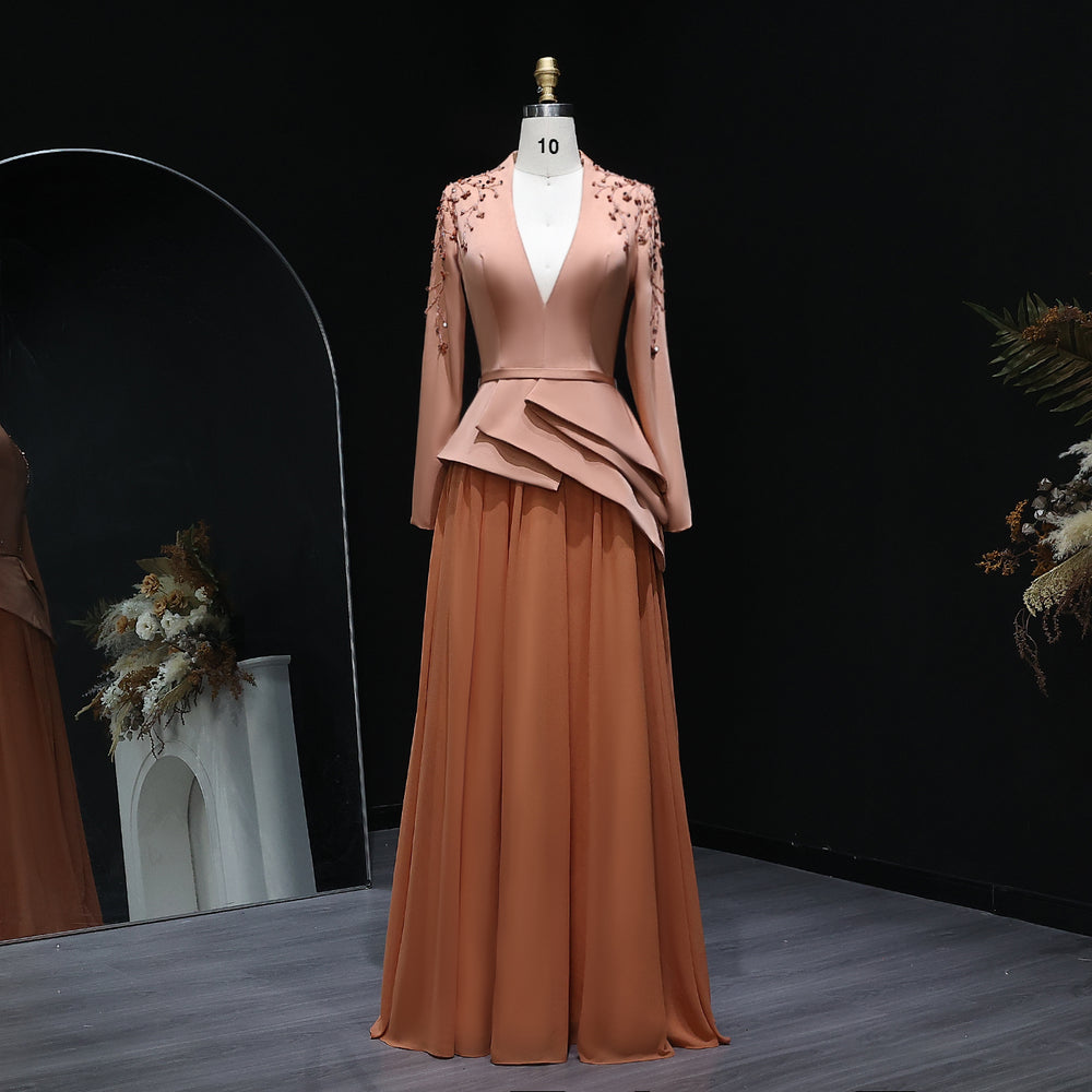 Elegant Long Sleeve Brown Beaded Evening Dress SS216