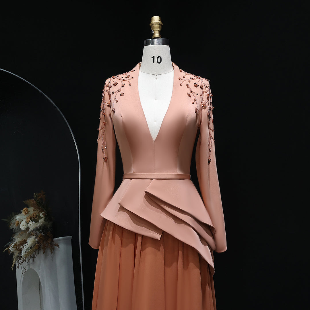 Elegant Long Sleeve Brown Beaded Evening Dress SS216