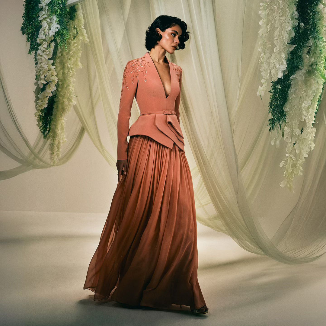 Elegant Long Sleeve Brown Beaded Evening Dress SS216 Brown / 14 Elegant Long Sleeve Brown Beaded Evening Dress SS216 Brown / 14
