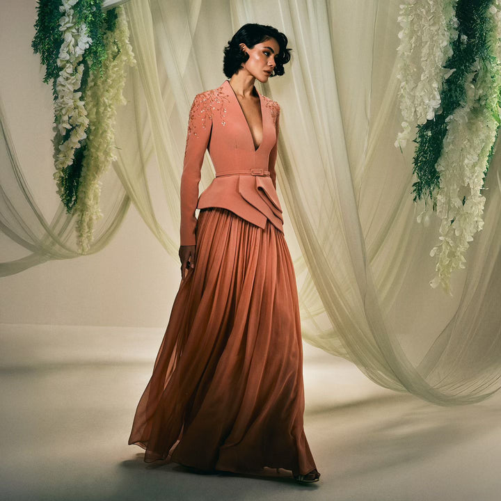 Elegant Long Sleeve Brown Beaded Evening Dress SS216