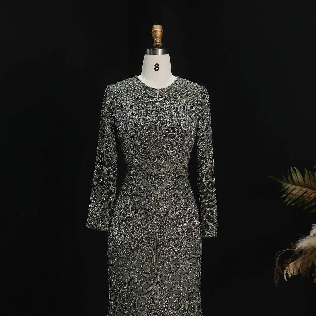 Elegant Navy Blue Long Sleeve Beaded Evening Dress Arabic Style SS056-DreamyVow
