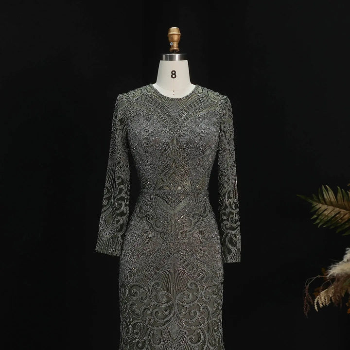 Elegant Navy Blue Long Sleeve Beaded Evening Dress Arabic Style SS056-DreamyVow